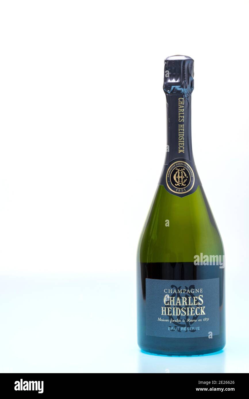 Close up view of bottle of authentic french brut champagne. Alcohol