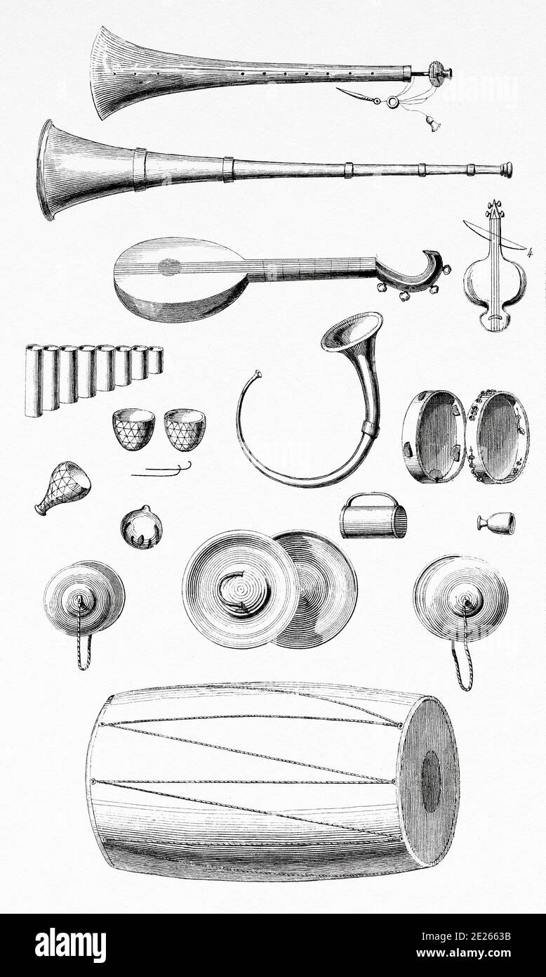 Ancient instruments of persian music. Shehnai, kind of flute. Long trumpet. Mandolin. Kiran shah. Curved trumpet. Pan flute. Different species of small drums, cymbals. Iran. Old steel engraved antique print. Published in L'Univers La Perse, in 1841. History of the ancient Persian empire Stock Photo