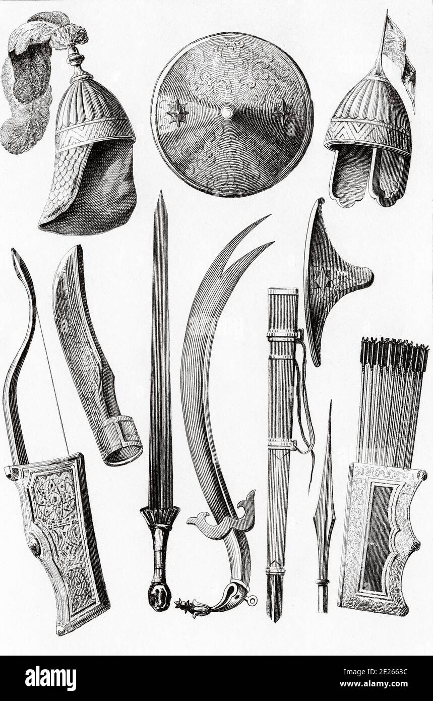Ancient weapons of the Persian Empire. Old head helmet. Shields. Ali's