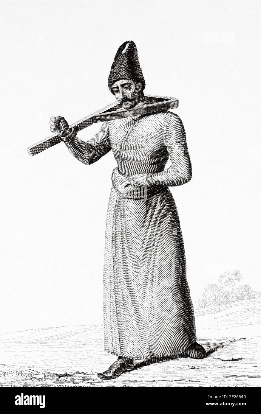 Torment. Prisoner in Persia. Ancient Persian yoke. Iran. Old steel engraved antique print. Published in L'Univers La Perse, in 1841. History of the ancient Persian empire Stock Photo