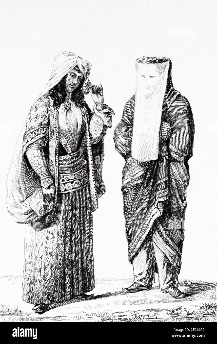 Costumes typical of Persian women, one dressed as the harem and the other with a veil covering her face. Iran. Old steel engraved antique print. Published in L'Univers La Perse, in 1841. History of the ancient Persian empire Stock Photo