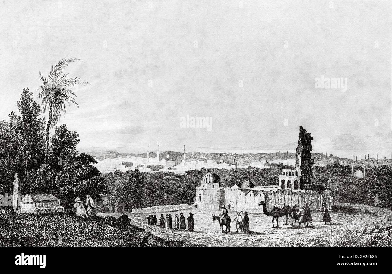 Panoramic of Damascus city. History of Syria. Old engraving published