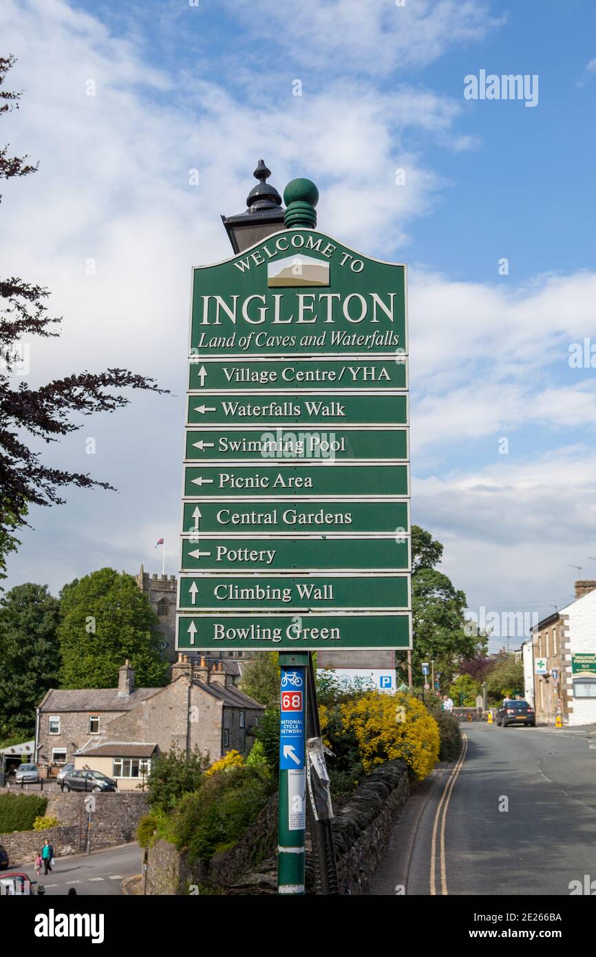 Sign in Ingleton, Yorkshire Dales, giving directions to attractions in the village Stock Photo