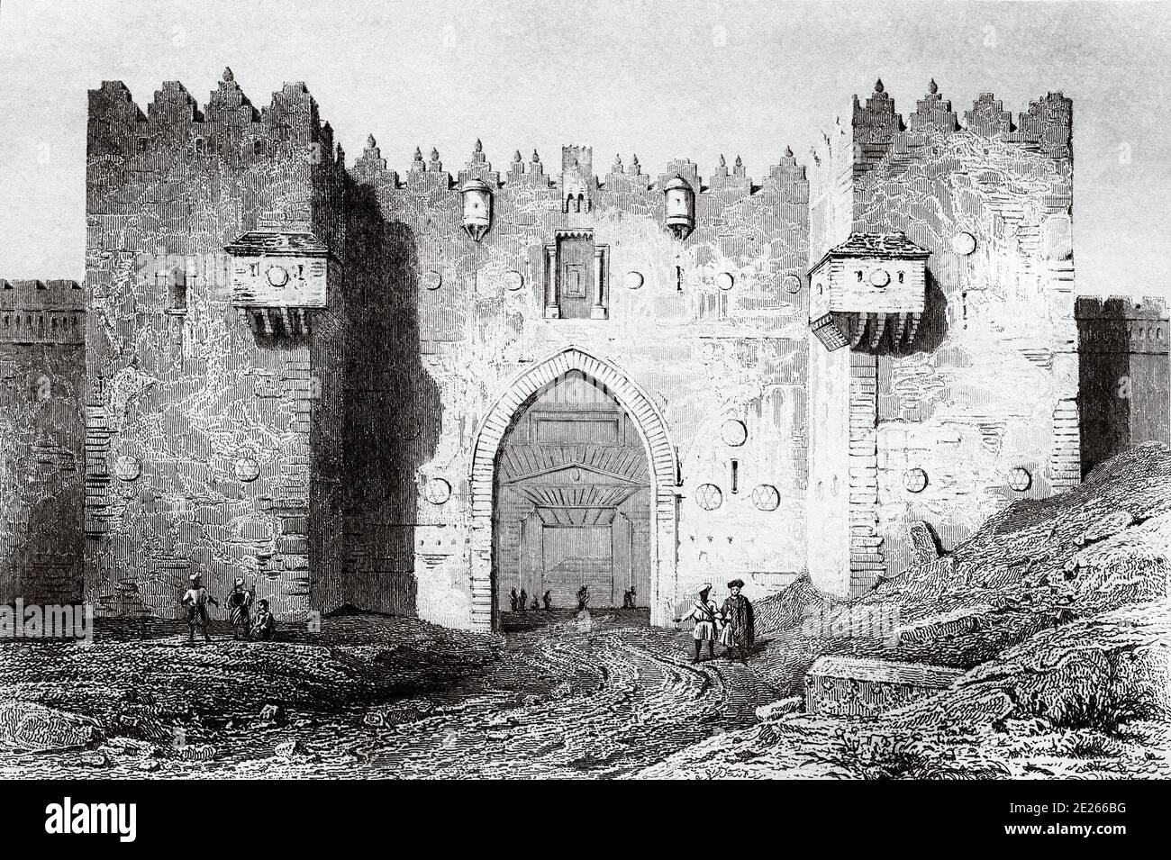 Gate of Damascus, Syria. Old engraving by Lemaitre published in L'Univers Syria, in 1841