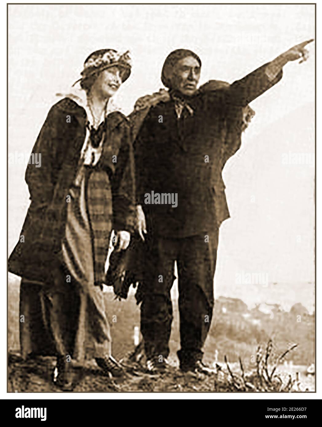 A 1915 newspaper photograph showing female reporter Grace Darling with Ishi  (c1861 – 1916) , the last of the Yahi (Yana)  tribe of California. In 1911, aged 50, he unexpectedly emerged near the foothills of  of California . It was thought that the northern  Yahi / Yana tribe had all been  killed in the California genocide of the 19th century. His own family had been killed in the Three Knolls Massacre. He was acclaimed as the 'last wild Indian' in America. Ishi was a given name as the man said that he had no name because there were nobody to name him. Ishi, which means 'man' in his language. Stock Photo