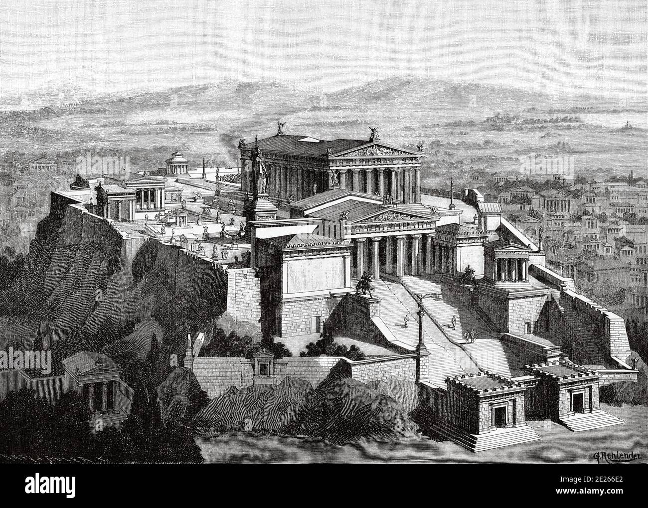 The propileos were the great entrance to the Acropolis of Athens. Greece ancient history. Old engraving illustration from the book Universal history by Oscar Jager 1890 Stock Photo