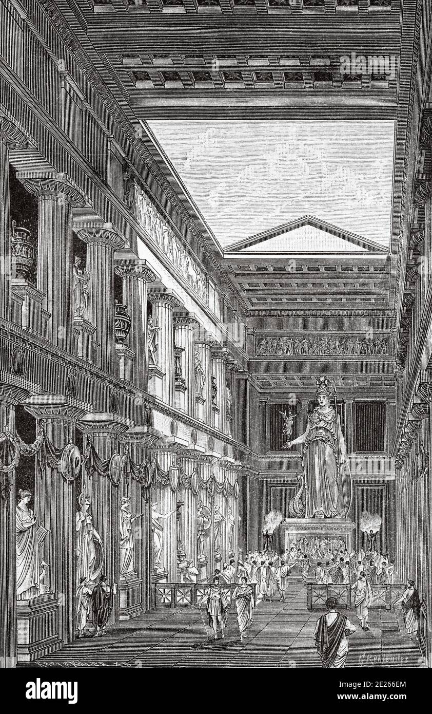 The statue of Athena Parthenos of Pheidias in the Cella of the Parthenon. Greece ancient history. Old engraving illustration from the book Universal history by Oscar Jager 1890 Stock Photo