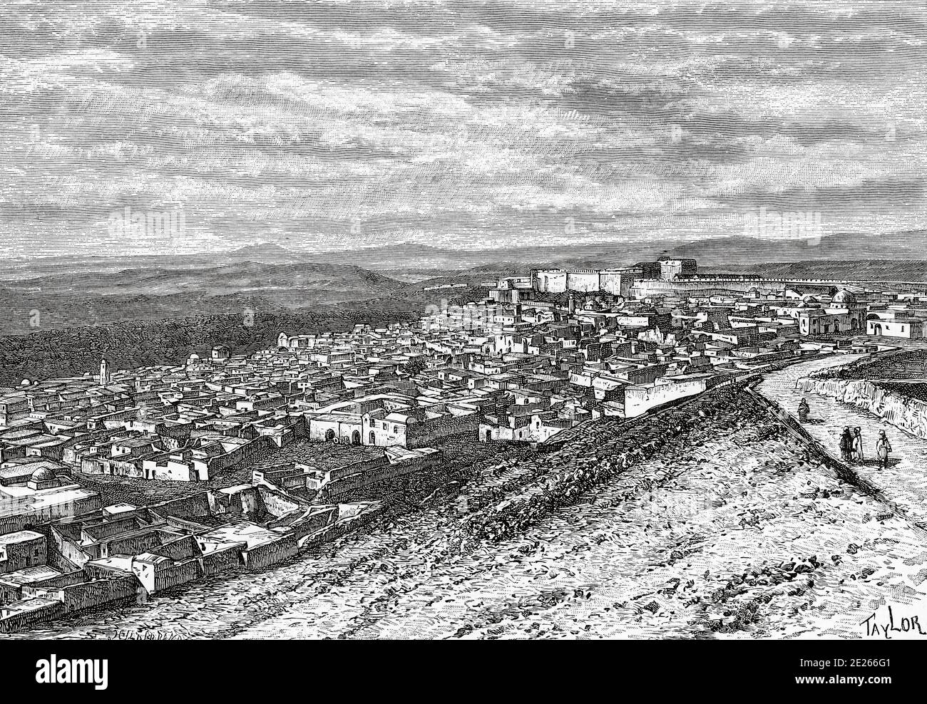 Panoramic view of El Kef, in Tunisia. North Africa. Old engraving illustration from the book Nueva Geografia Universal by Eliseo Reclus 1889 Stock Photo