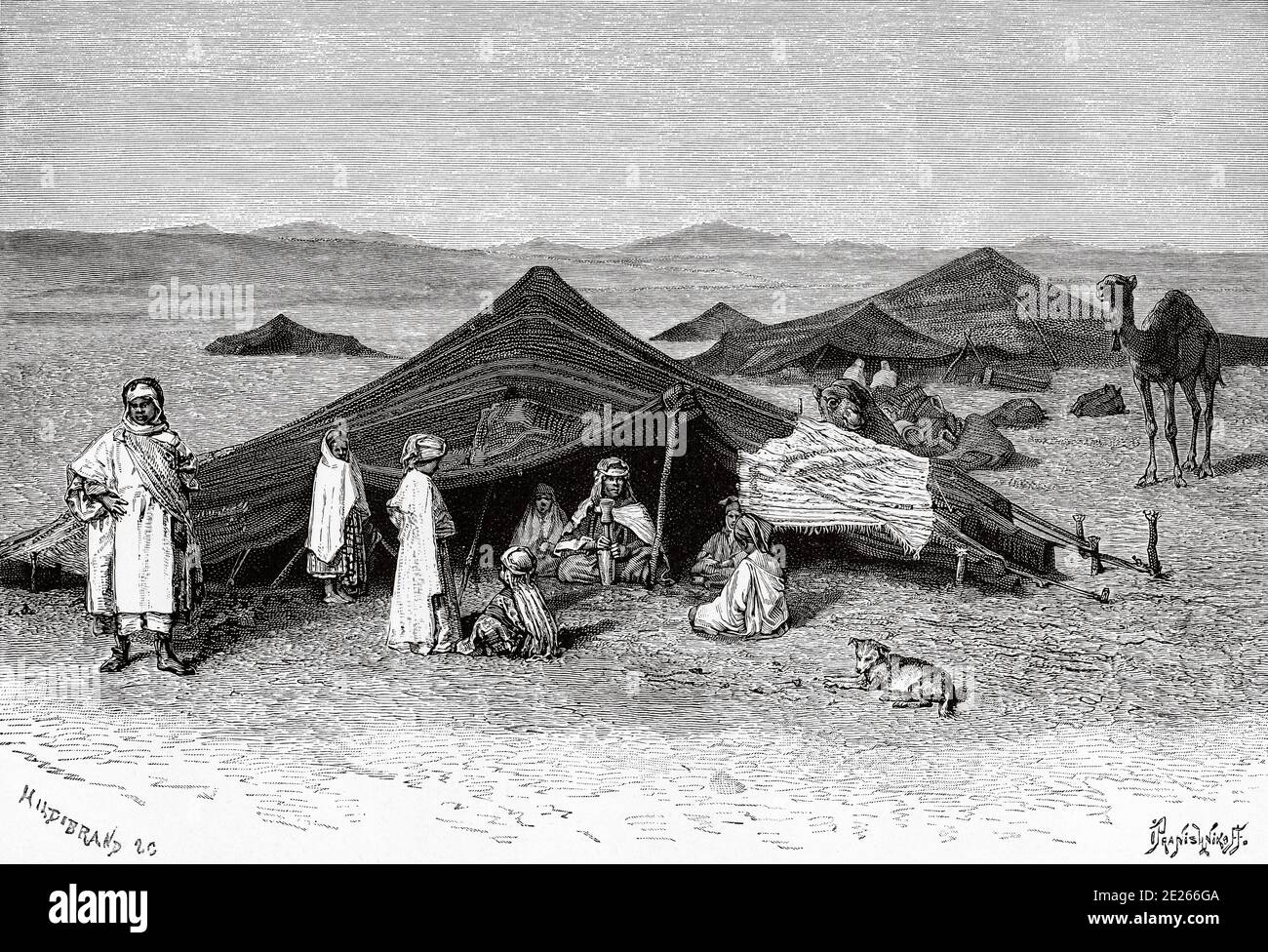 Nomad encampment, Sahara. North Africa. Old engraving illustration from the book Nueva Geografia Universal by Eliseo Reclus 1889 Stock Photo