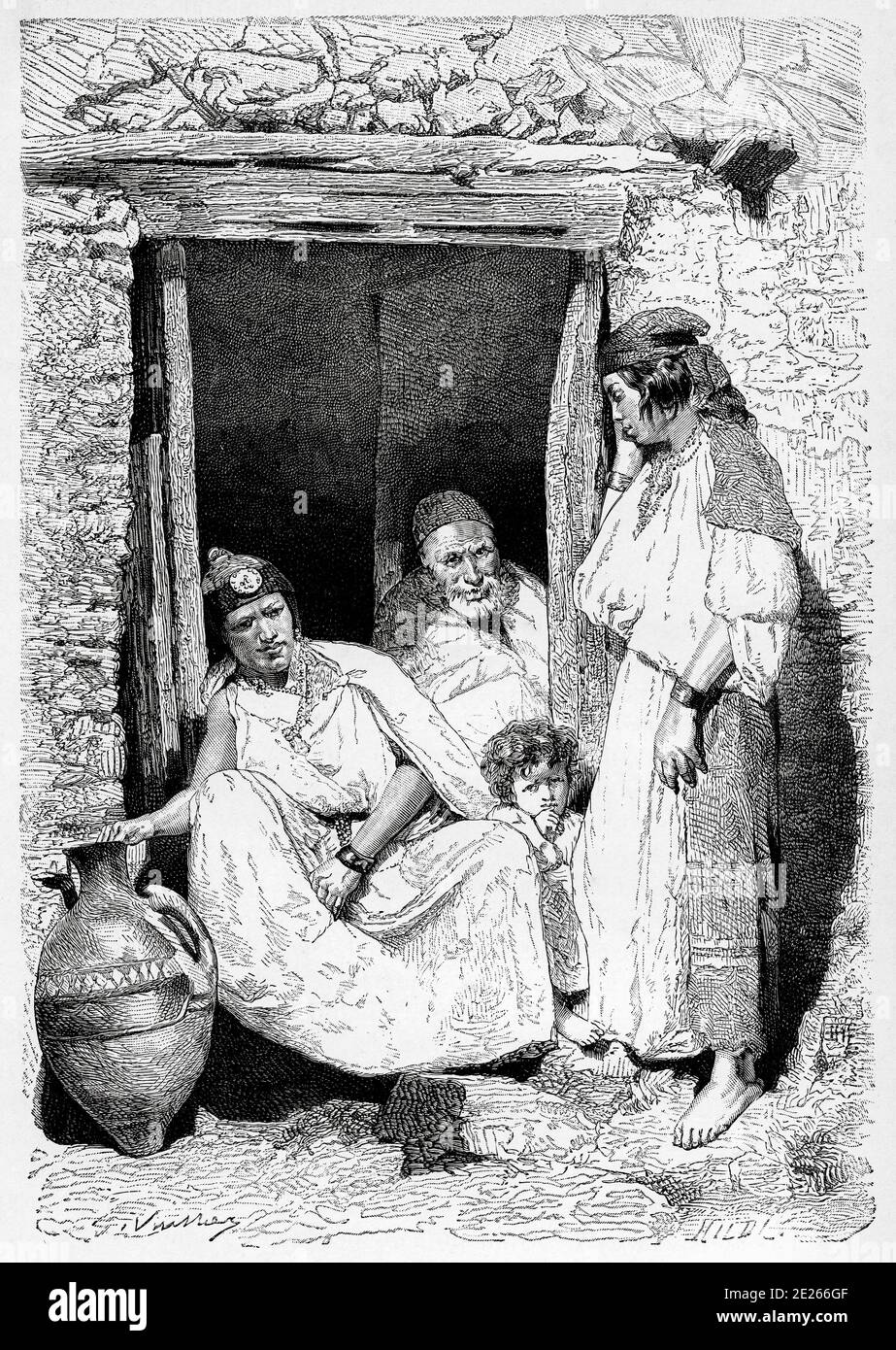 Kabyle family group, Algeria. North Africa. Old engraving illustration from the book Nueva Geografia Universal by Eliseo Reclus 1889 Stock Photo