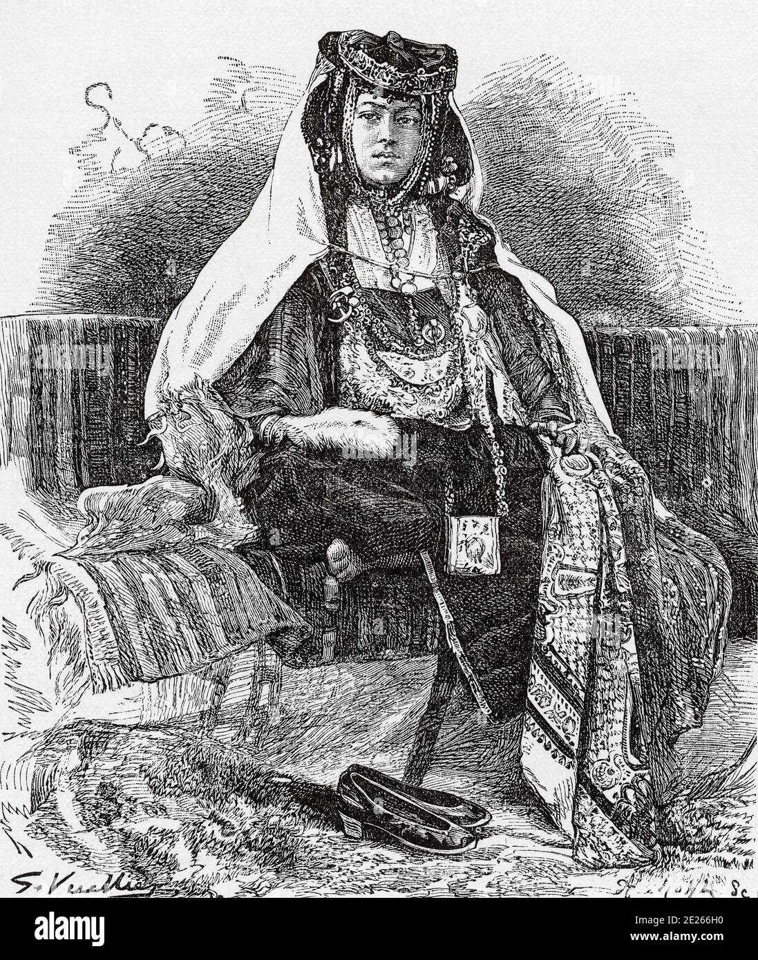 Ouled Nail dancer, Algeria. North Africa. Old engraving illustration from the book Nueva Geografia Universal by Eliseo Reclus 1889 Stock Photo