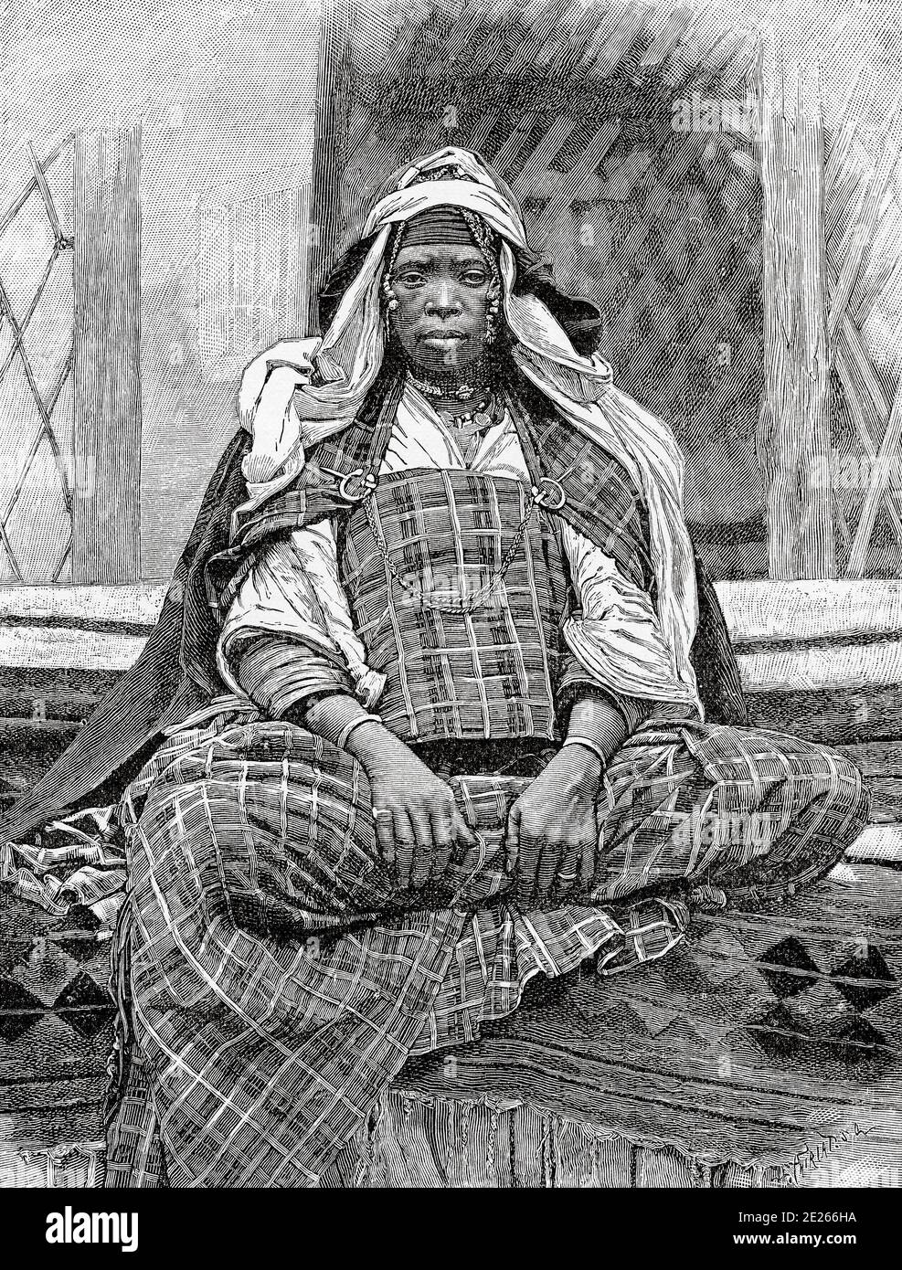 Woman from Biskra. Algeria. North Africa. Old engraving illustration from the book Nueva Geografia Universal by Eliseo Reclus 1889 Stock Photo