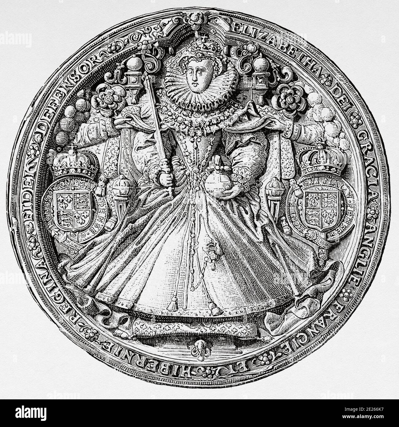 Portrait medal of Elizabeth I of England. The Virgin Queen, Gloriana or the Good Queen Bess (Greenwich, September 7, 1533 - Richmond, March 24, 1603). Queen of England and Ireland. History of Philip II of Spain. Old engraving published in Historia de Felipe II by H. Forneron, in 1884 Stock Photo