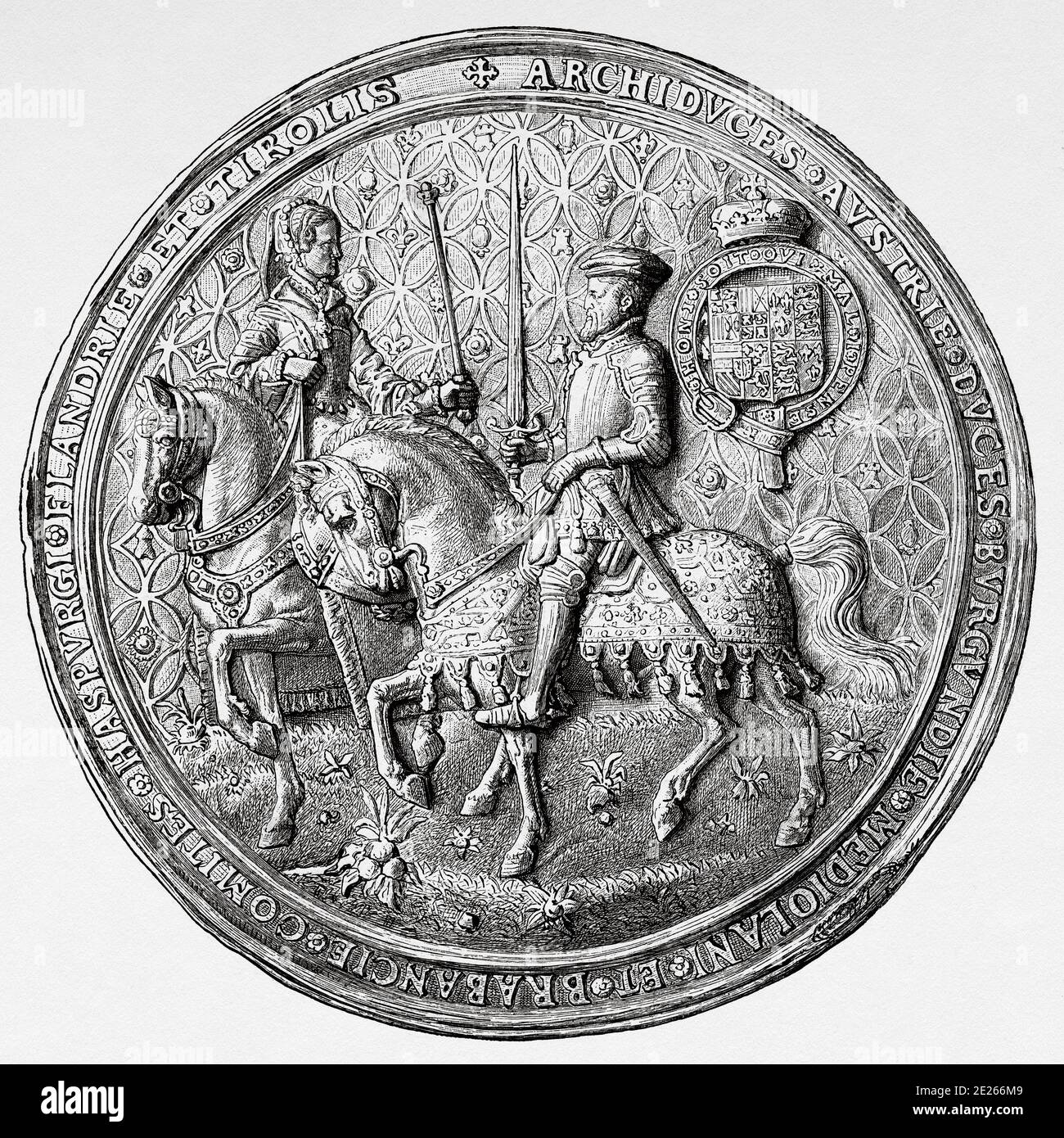 Medal seal of Philip II of Spain and Mary I of England, aka Bloody Mary, 1516-1558. Queen of England and Ireland. History of Philip II of Spain. Old engraving published in Historia de Felipe II by H. Forneron, in 1884 Stock Photo