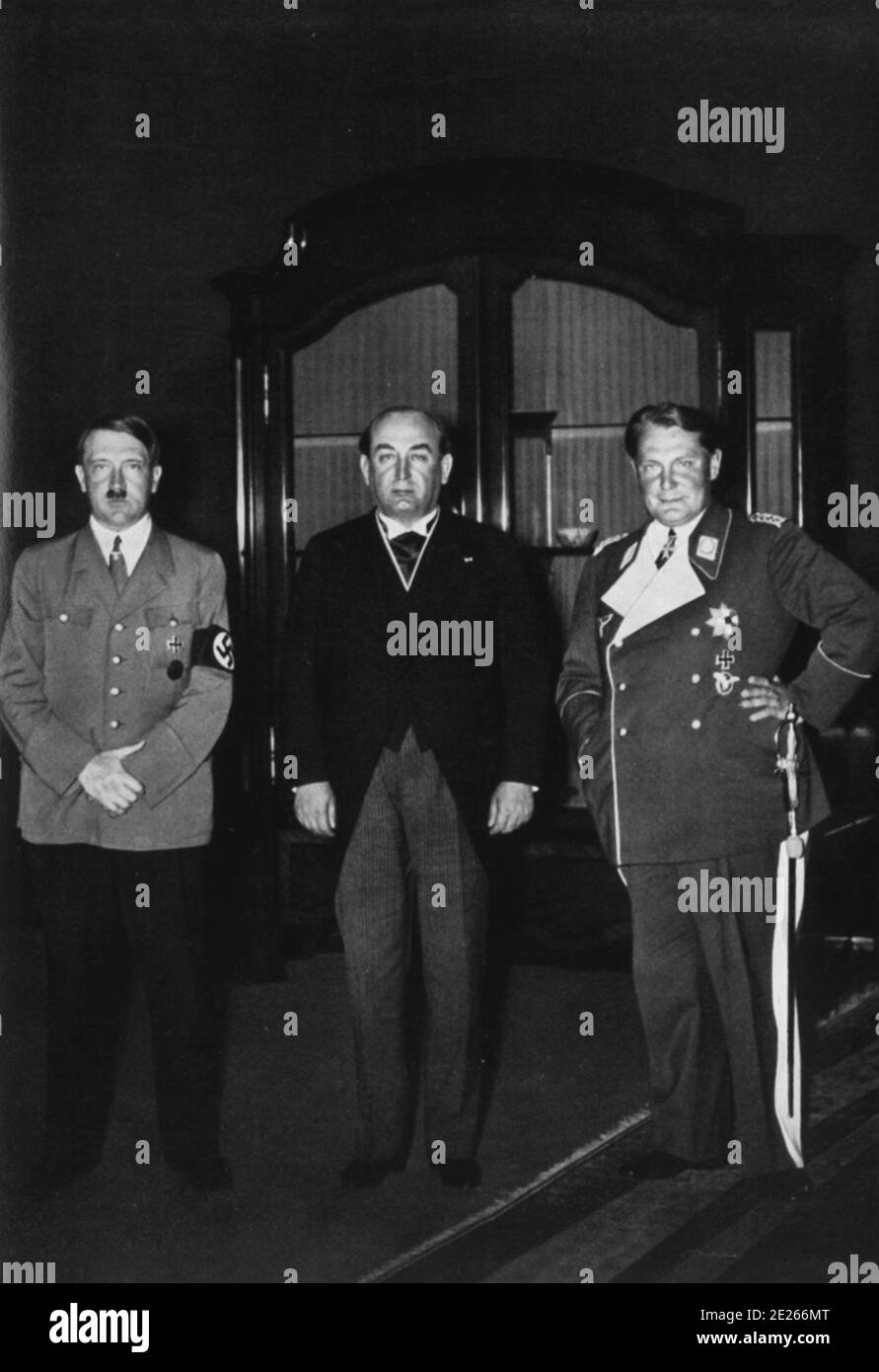 Hitler and Hermann Göring seen with Hungarian PM Gyula Gömbös de Jákfa at Reichs Chancellory Stock Photo