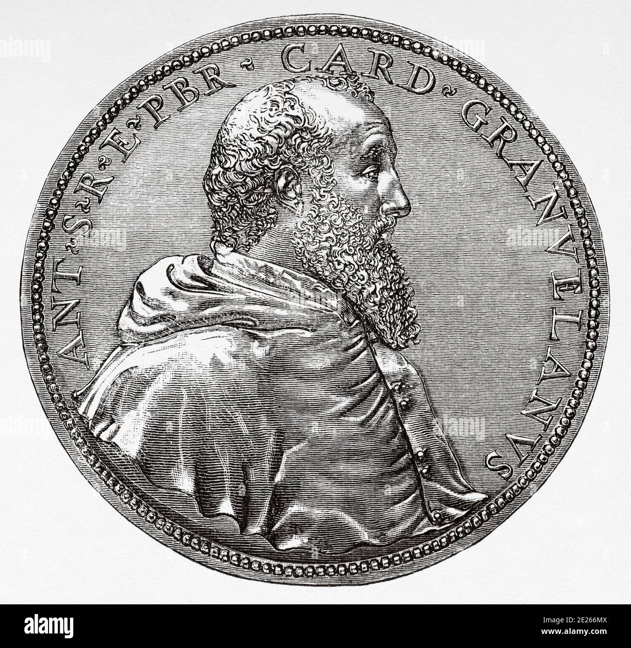 Portrait medal of Antoine Perrenot Granvelle (Besançon; August 20, 1517 - Madrid; September 21, 1586). Cardinal of the Catholic Church and statesman from the Franche-Comté, was at the service of the Spanish Austrias. Bishop of Arrás and archbishop of Mechelen and Besançon. Medal of the time. History of Philip II of Spain. Old engraving published in Historia de Felipe II by H. Forneron, in 1884 Stock Photo