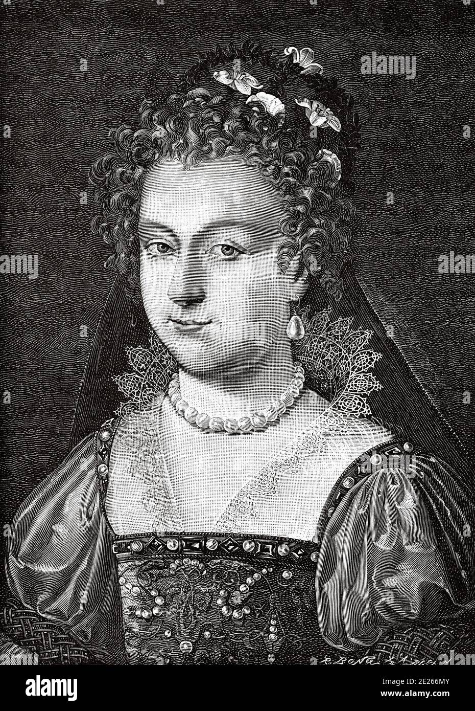 Portrait of Elizabeth I of England. The Virgin Queen, Gloriana or the Good Queen Bess (Greenwich, September 7, 1533 - Richmond, March 24, 1603). Queen of England and Ireland. History of Philip II of Spain. Old engraving published in Historia de Felipe II by H. Forneron, in 1884 Stock Photo