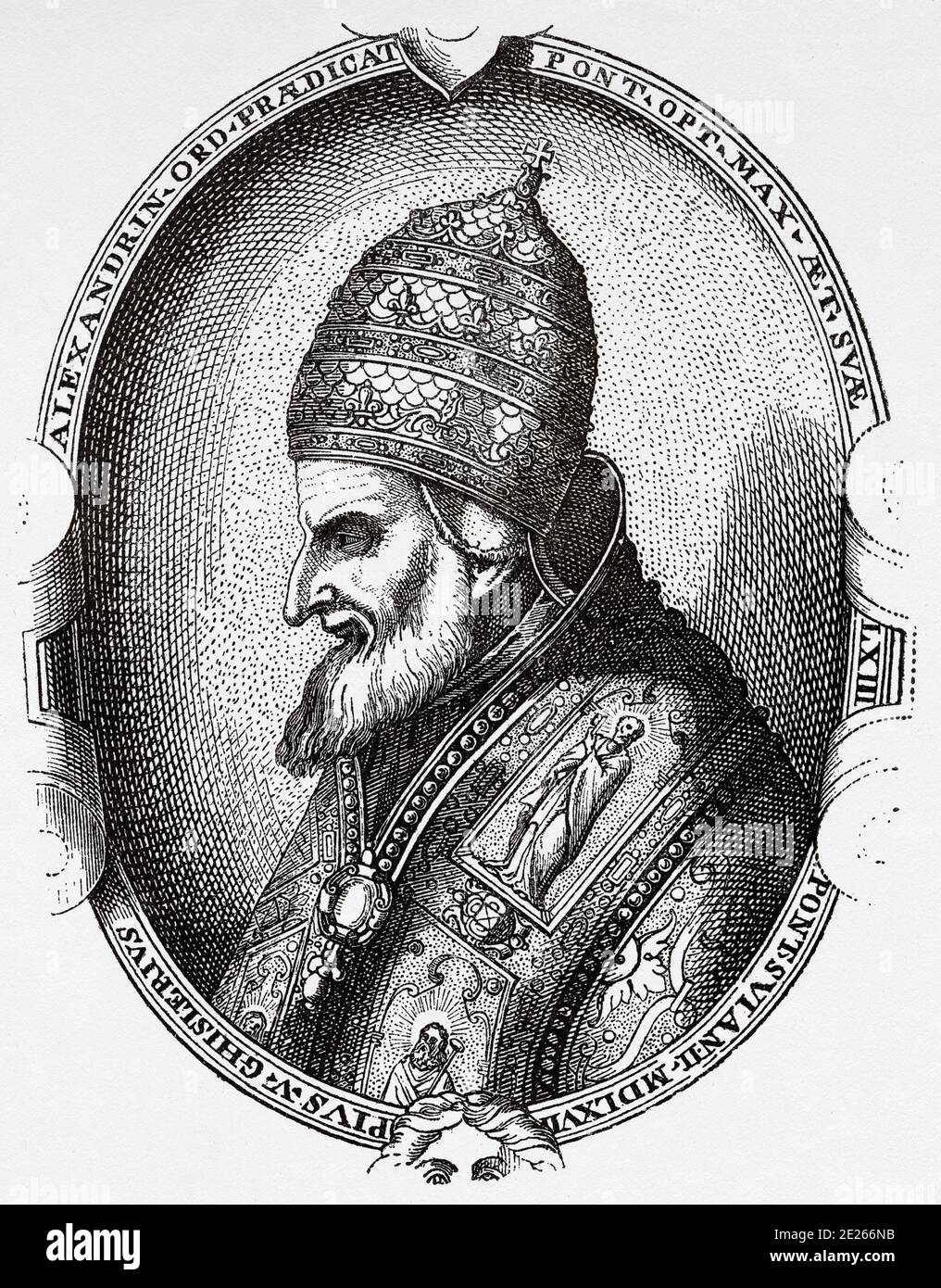Portrait of Pope Pius V (Bosco, January 17, 1504-Rome, May 1, 1572), born Antonio Michele Ghislieri, was the 225 pope of the Catholic Church and lord of the Papal States between 1566 and 1572. Dominican friar and general commissioner of the Roman Inquisition. He was canonized by Pope Clement XI in 1712. History of Philip II of Spain. Old engraving published in Historia de Felipe II by H. Forneron, in 1884 Stock Photo