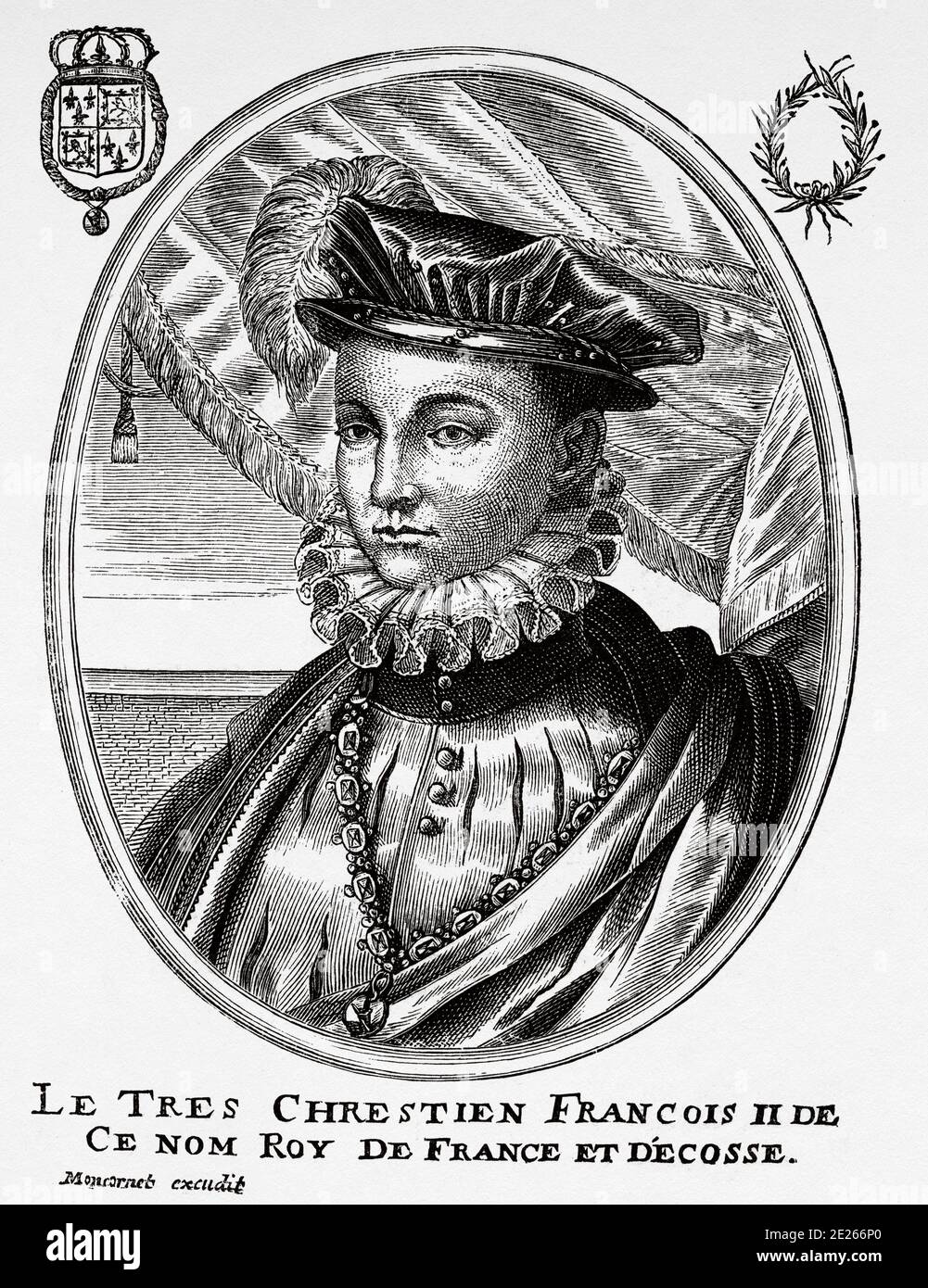 Portrait of Francis II of France (Fontainebleau, January 19, 1544 - Orleans, December 5, 1560), King of France from 1559 to 1560. Son of Henry II of France and Catherine de Medici. History of Philip II of Spain. Old engraving published in Historia de Felipe II by H. Forneron, in 1884 Stock Photo