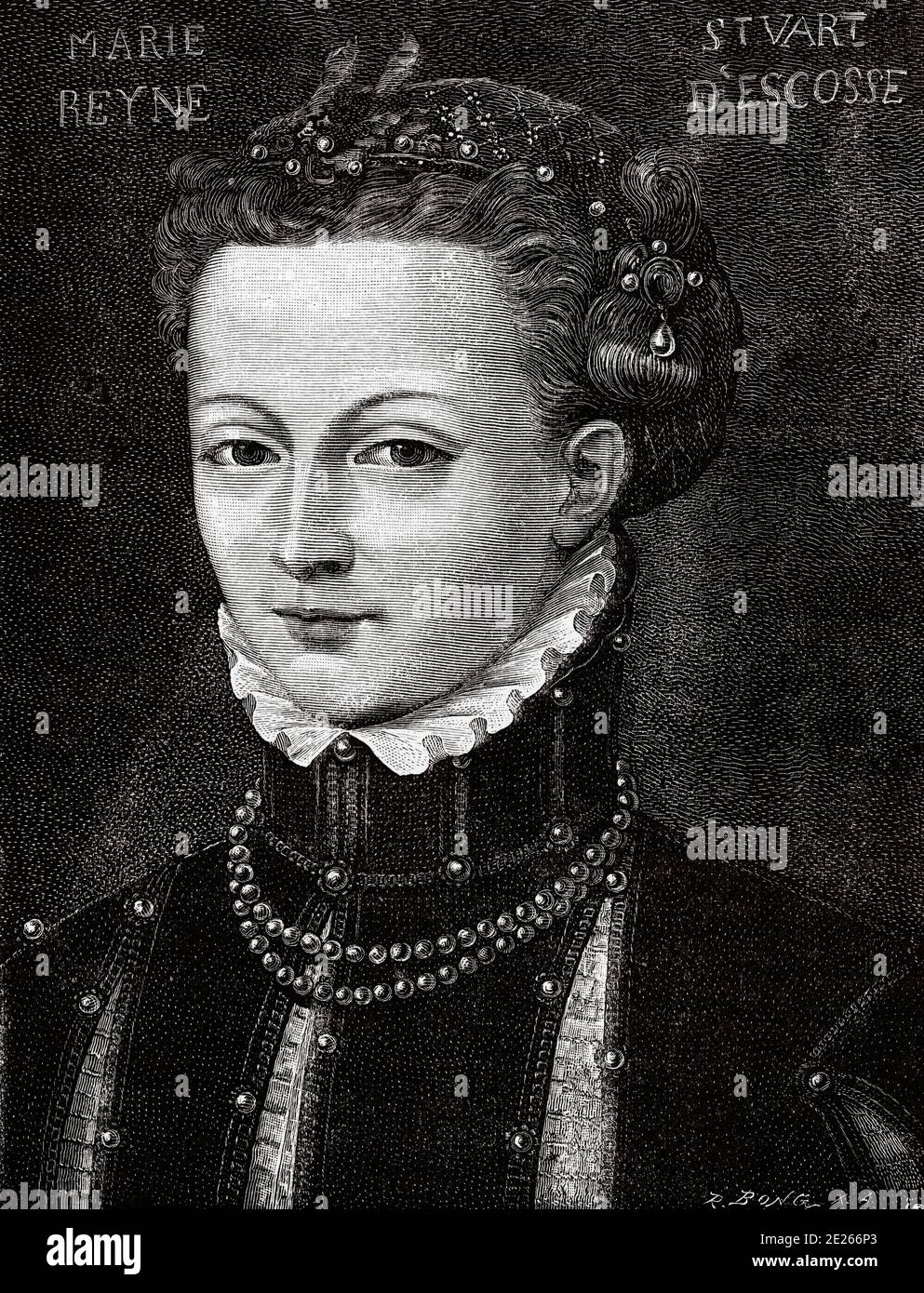 Portrait of Mary I, called Mary Stuart. Mary Stewart Marie Steuart, December 8, 1542 - February 8, 1587), was Queen of Scotland from December 14, 1542 to July 24, 1567. History of Philip II of Spain. Old engraving published in Historia de Felipe II by H. Forneron, in 1884 Stock Photo