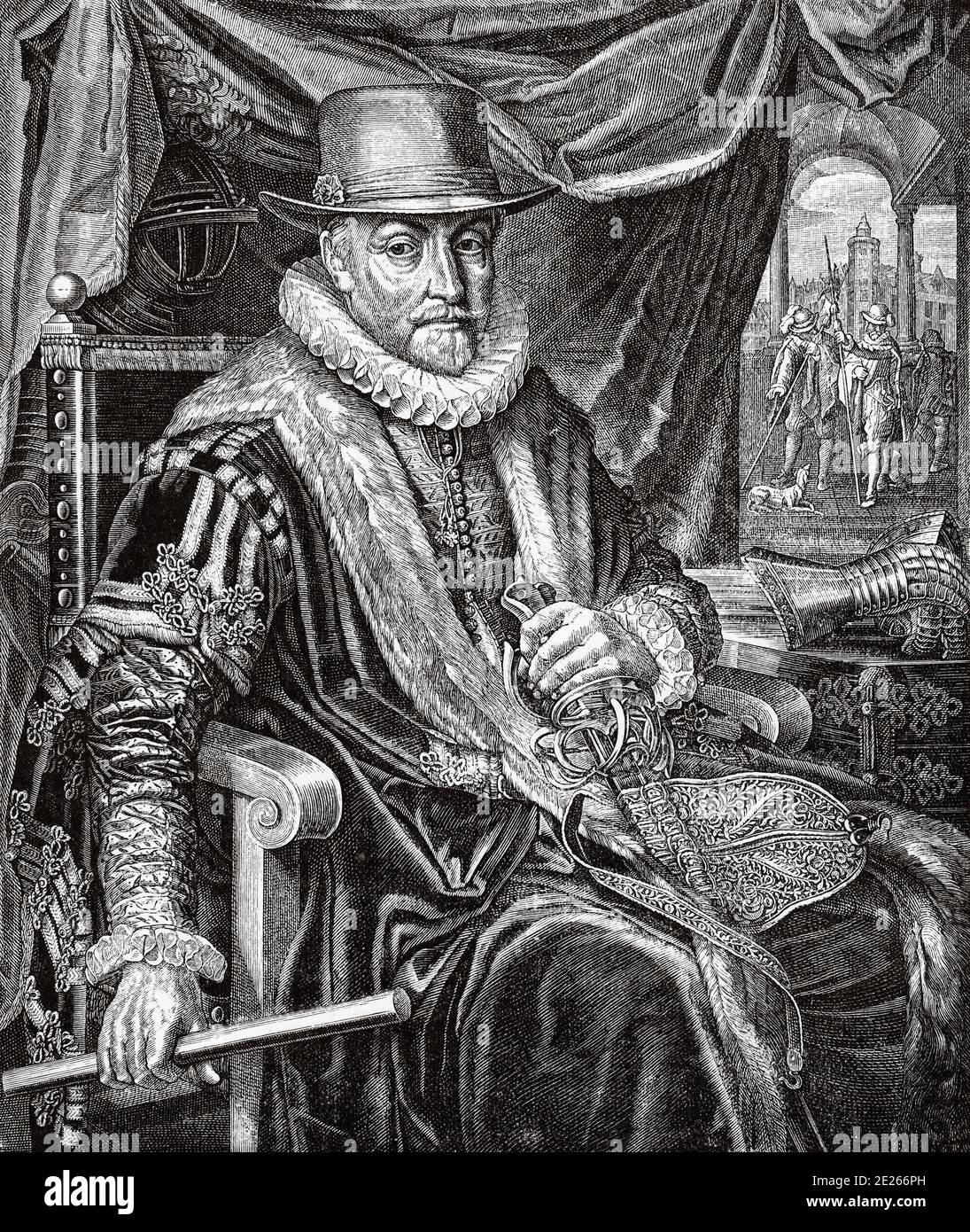 Portrait of William of Orange-Nassau. Willem van Oranje-Nassau (Dillenburg, Germany, April 4, 1533-Delft, July 10, 1584), called the Taciturn, was a member of the House of Nassau and became Prince of Orange in 1544. He joined the rebellion against the Spanish Crown. History of Philip II of Spain. Old engraving published in Historia de Felipe II by H. Forneron, in 1884 Stock Photo