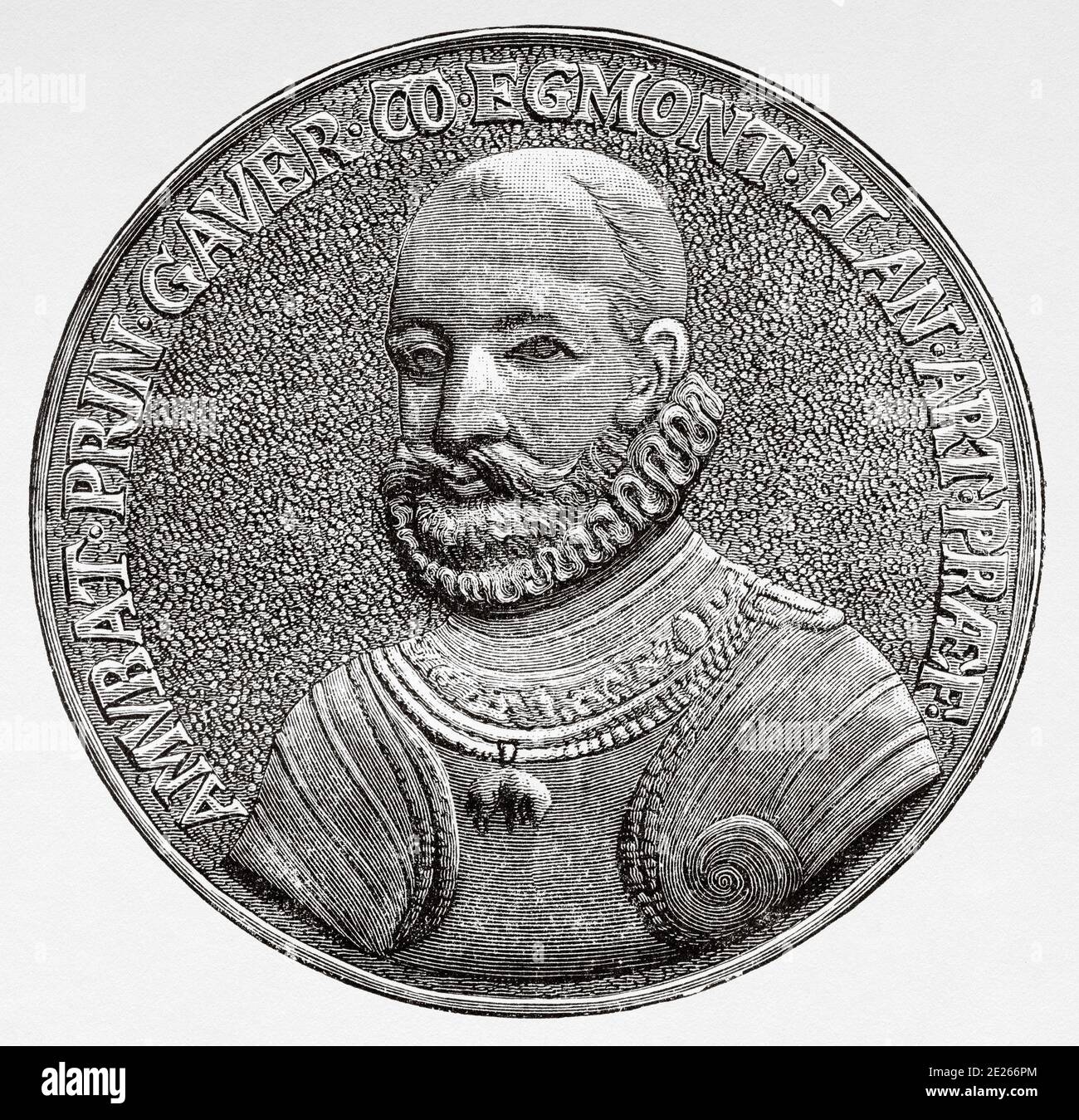 Portrait medal seal of Lamoral, count of Egmont (November 18, 1522 - June 5, 1568). Prince of Gavere, 1522 - 1568, Ritter and governor of Flanders and Artois,  General and Flander Stateman and knight of the Order of the Golden Fleece. History of Philip II of Spain. Old engraving published in Historia de Felipe II by H. Forneron, in 1884 Stock Photo