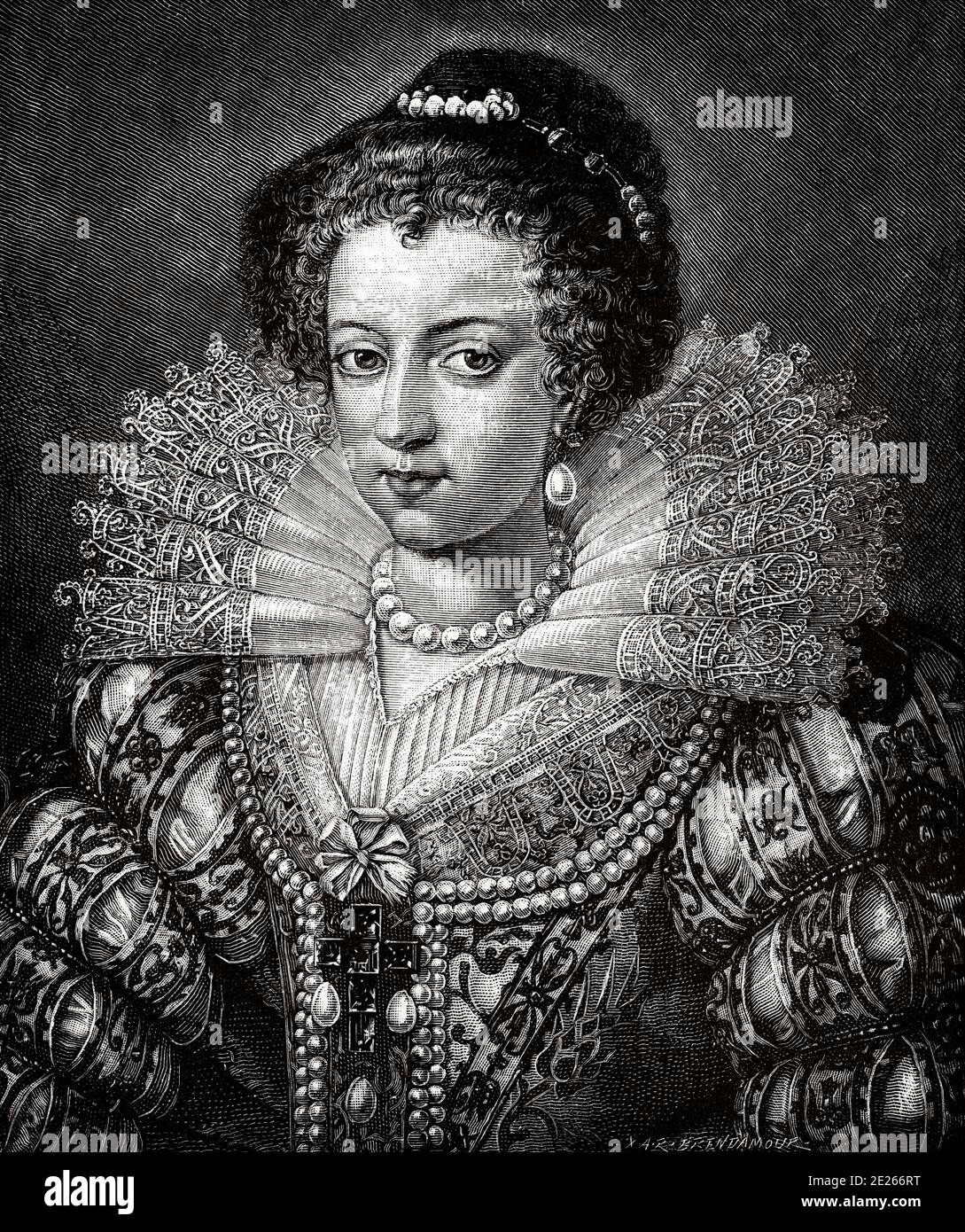 Isabella of Austria. Portrait Elisabeth of Austria (Vienna, Austria, July 5, 1554 - January 22, 1592) was archduchess of Austria, daughter of the Holy Roman Emperor Maximilian II of Habsburg and Mary of Austria and Portugal, Infanta of Spain. She was a Catholic princess, considered one of the most beautiful women of her time. History of Philip II of Spain. Old engraving published in Historia de Felipe II by H. Forneron, in 1884 Stock Photo
