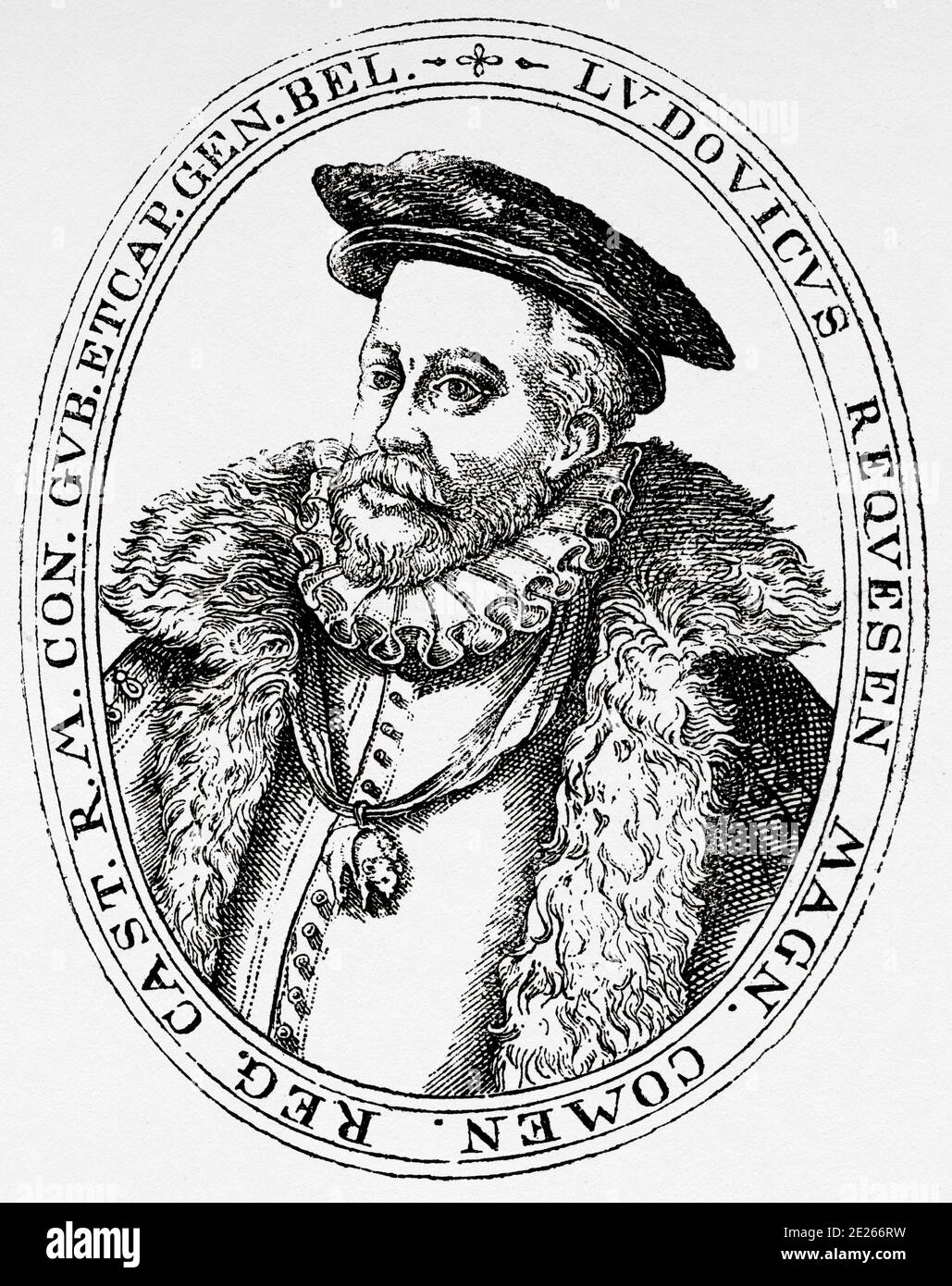 Portrait of Luis de Requesens y Zúñiga (Barcelona, August 25, 1528 - Brussels, March 5, 1576) was a Spanish military, sailor, diplomat and politician, governor of the State of Milan and the Netherlands. Mentor of Don Juan of Austria, his work was fundamental for the great victory of the Holy League in the battle of Lepanto. And he was also Major Commander of Castile in the Order of Santiago. History of Philip II of Spain. Old engraving published in Historia de Felipe II by H. Forneron, in 1884 Stock Photo