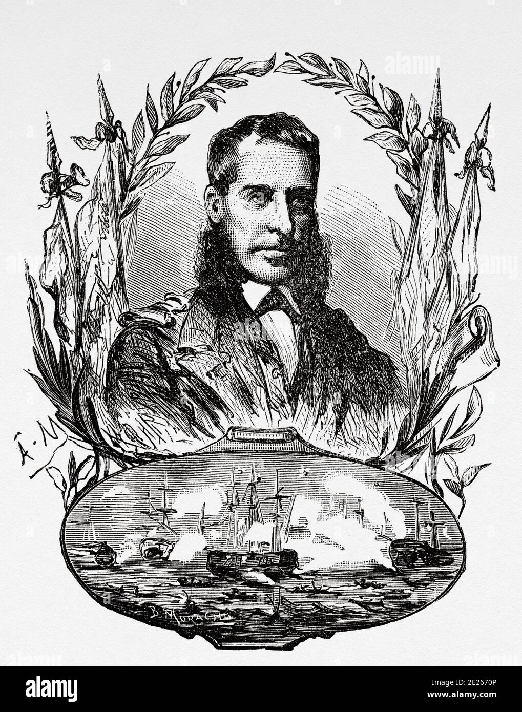 Portrait of Casto Méndez Núñez (Vigo 1824 - Pontevedra 1869). Spanish sailor and military, rear admiral of the Royal Spanish Navy. Combat of Callao. He completed in 1867 the first round the world of an armored frigate, the Numancia ship. Old engraving of the book Spanish Biographical Year by Ildefonso Fernandez 1899 Stock Photo
