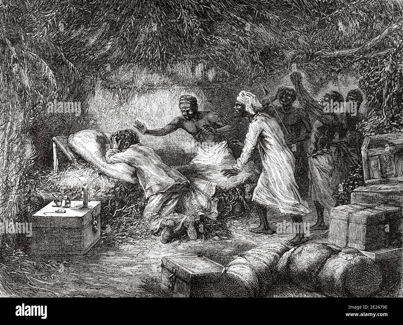 Death of Dr David Livingstone in the village of Tchitammbo, Africa in 1873. The Last Journals of David Livingstone  Scottish missionary and explorer, 1866-1873. Old engraving El Mundo en la Mano 1878 Stock Photo