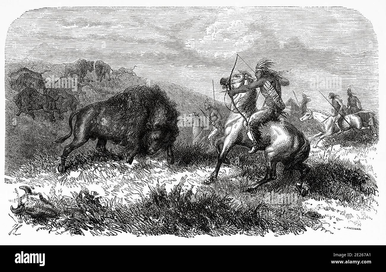 Indian bison hunting, United States of America. Journey to the American far west by Simonin 1867. Old engraving El Mundo en la Mano 1878 Stock Photo