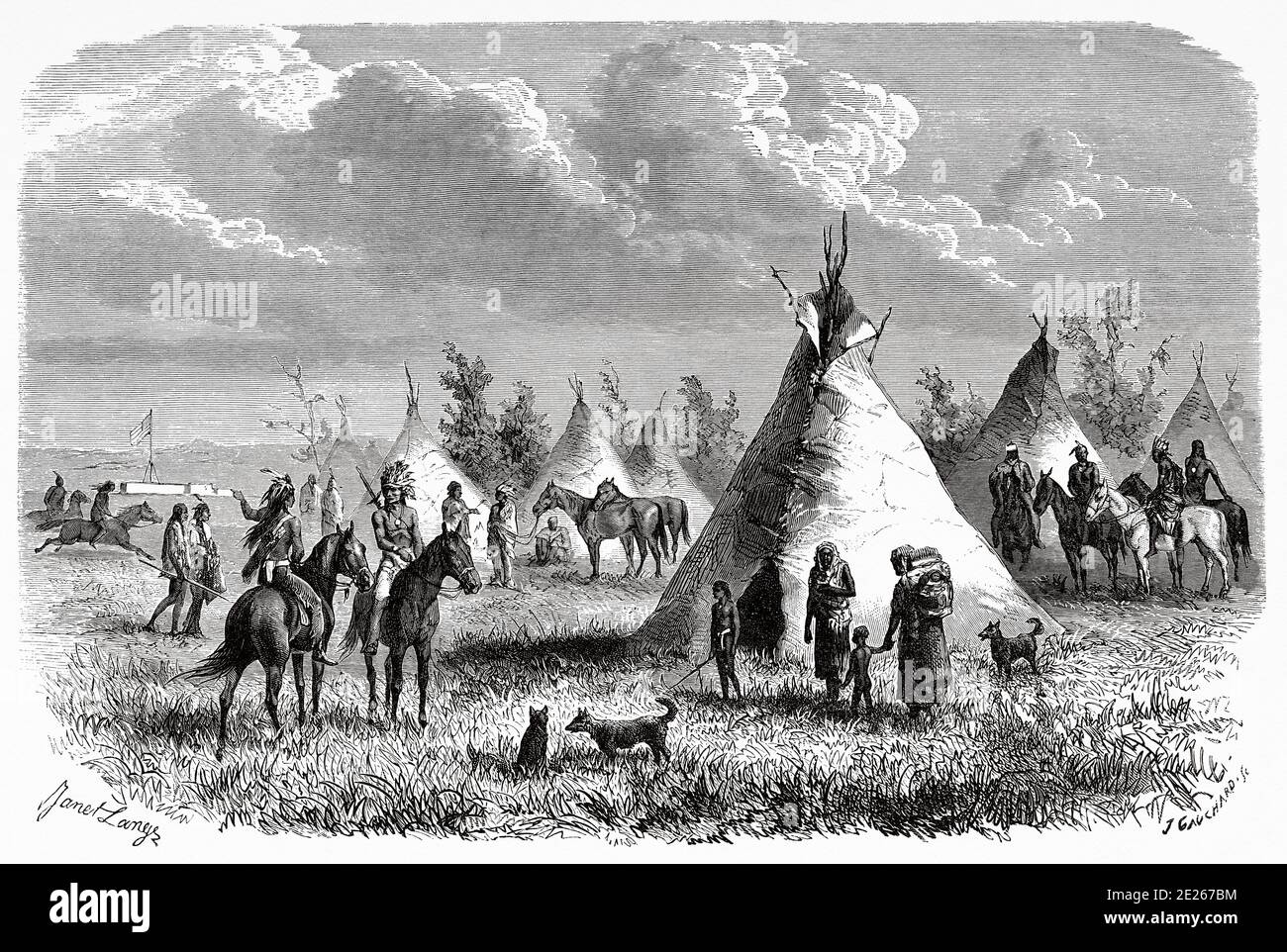 Sioux village near Fort Laramie, United States of America. Journey to the American far west by Simonin 1867. Old engraving El Mundo en la Mano 1878 Stock Photo