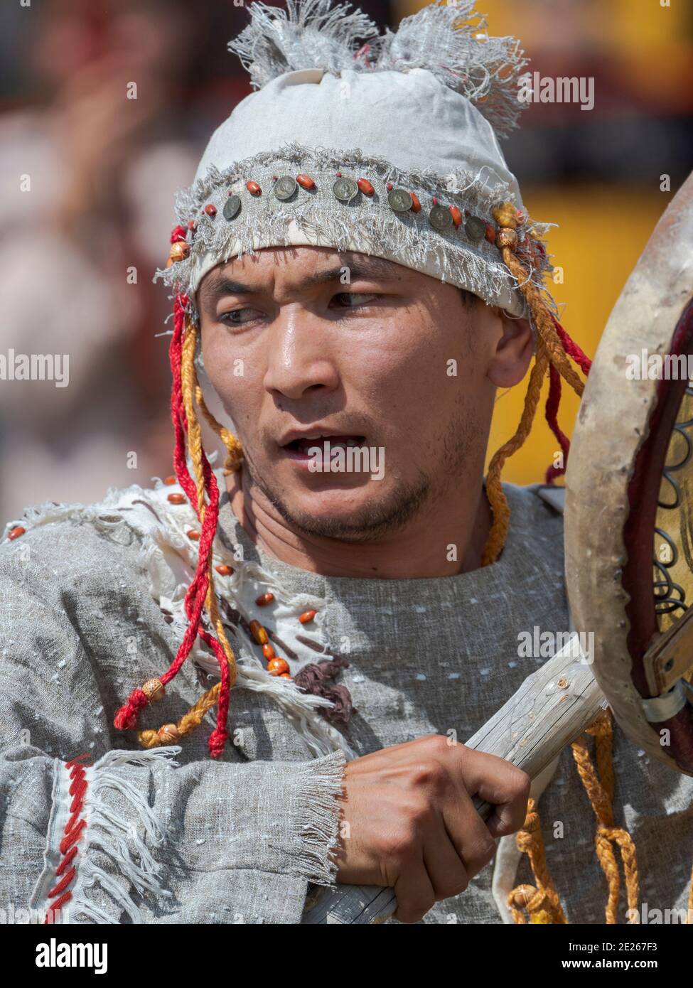 A Shaman recounting the myth. Folk Festival commemorating the origin myth the Tien Shan Maral (Tian Shan wapiti), an origin myth of the Kyrgyz tribes. Stock Photo