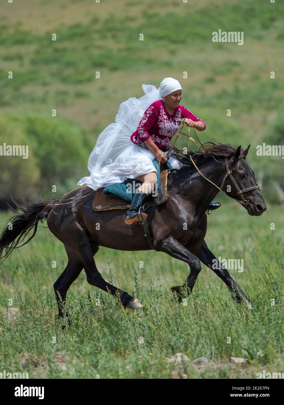 Kyz kuumai, bridegroom chasing the bride, a traditional equestrian sport.   Folk Festival commemorating the origin myth the Tien Shan Maral (Tian Shan Stock Photo