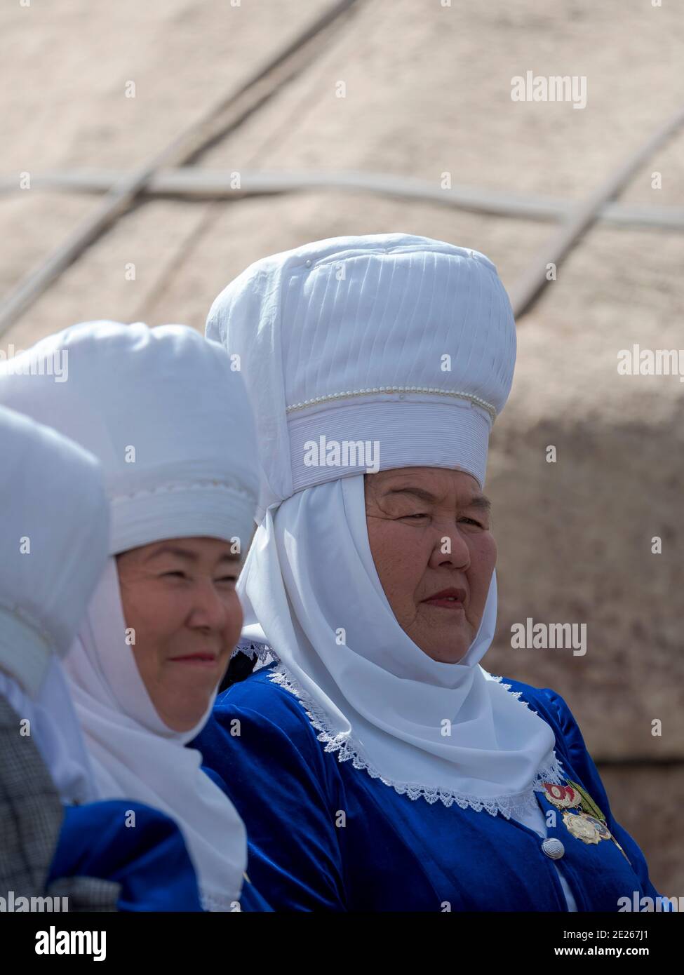 Participant in traditional garb. Folk Festival commemorating the origin myth the Tien Shan Maral (Tian Shan wapiti), an origin myth of the Kyrgyz trib Stock Photo