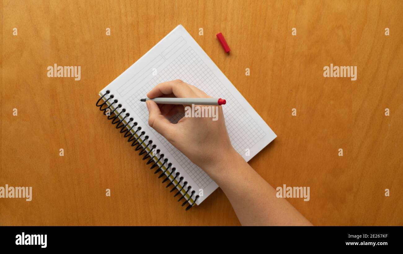 Taking notes in blank paper white notebook. graph, grid, black squared, woman hand and red pencil on wooden table background. new year's resolution, g Stock Photo