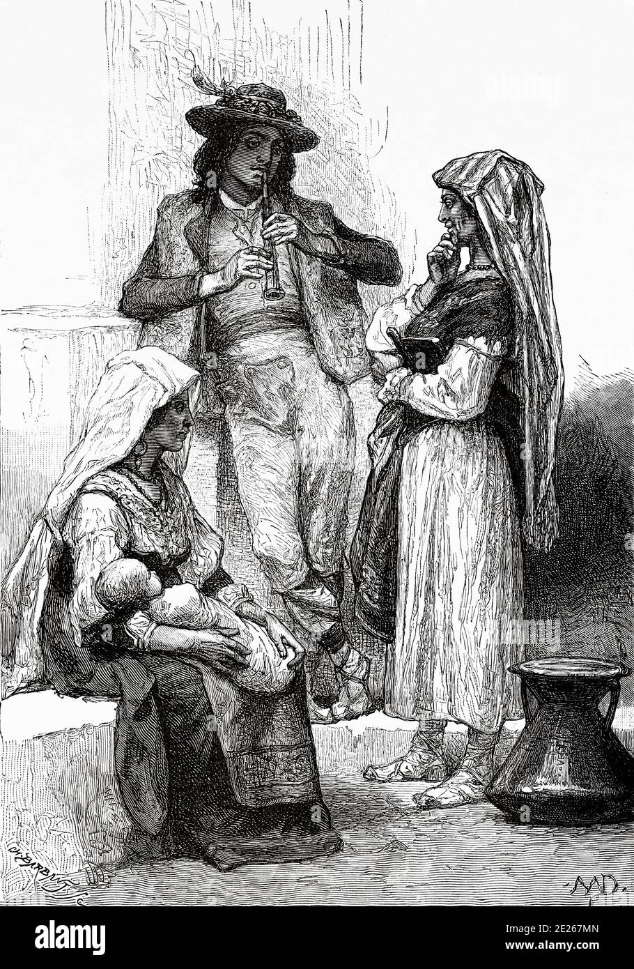 Characters in typical costumes of the mountain villages of Abruzzo. Italy Europe. Old 19th century engraved illustration image from the book New Universal Geography by Eliseo Reclus 1889 Stock Photo