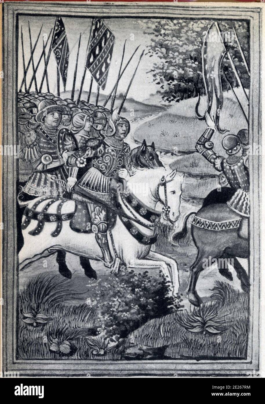 Comment La Hire et Xaintrailles vinrent courir et fourrager le pays du Duc de Bourgogne.Chronique d'Enguerrand de Monstrelet. Stock Photo