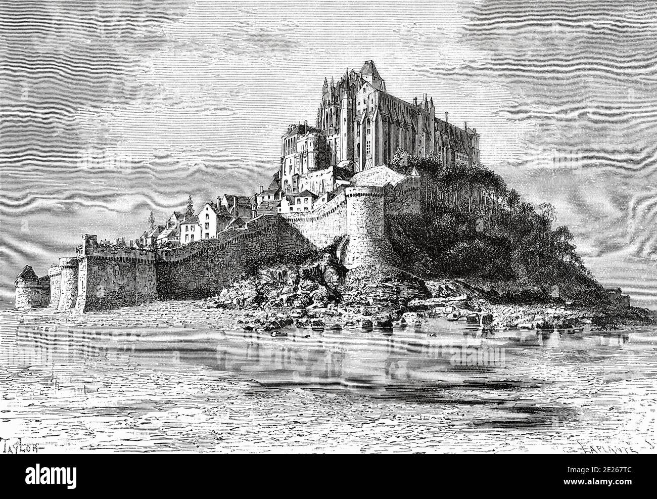 Le Mont Saint-Michel before the construction of the dike, island north coast of France Normandy. France Europe. Old 19th century engraved illustration image from the book New Universal Geography by Eliseo Reclus 1889 Stock Photo