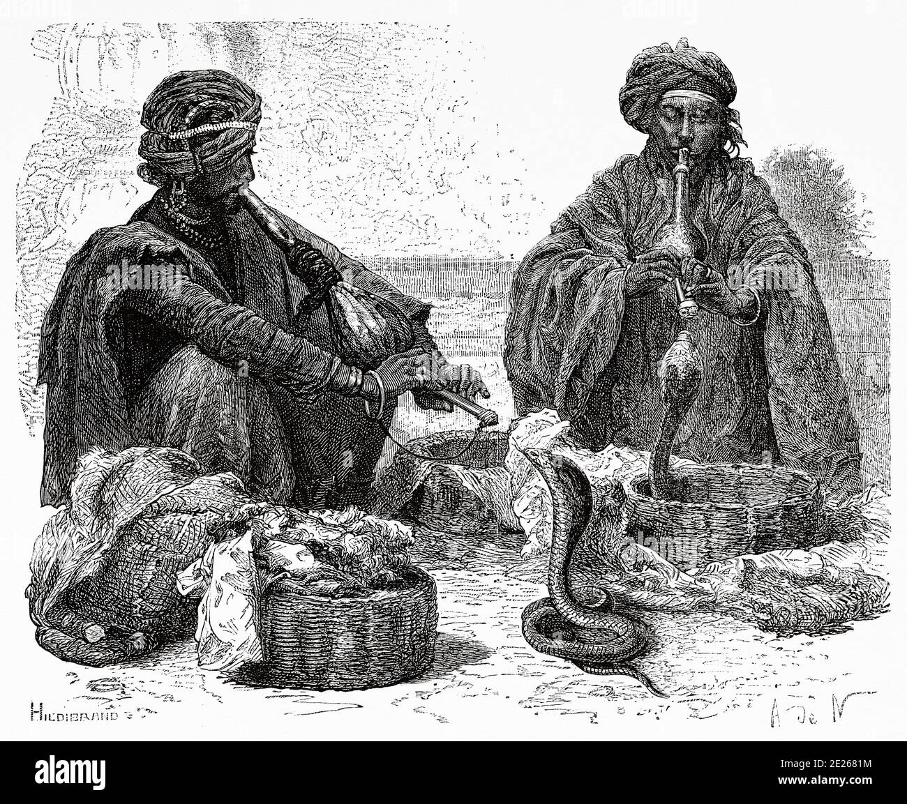 Portrait of Snake charmers, India. Old engraving illustration from El Mundo en la Mano 1878 Stock Photo