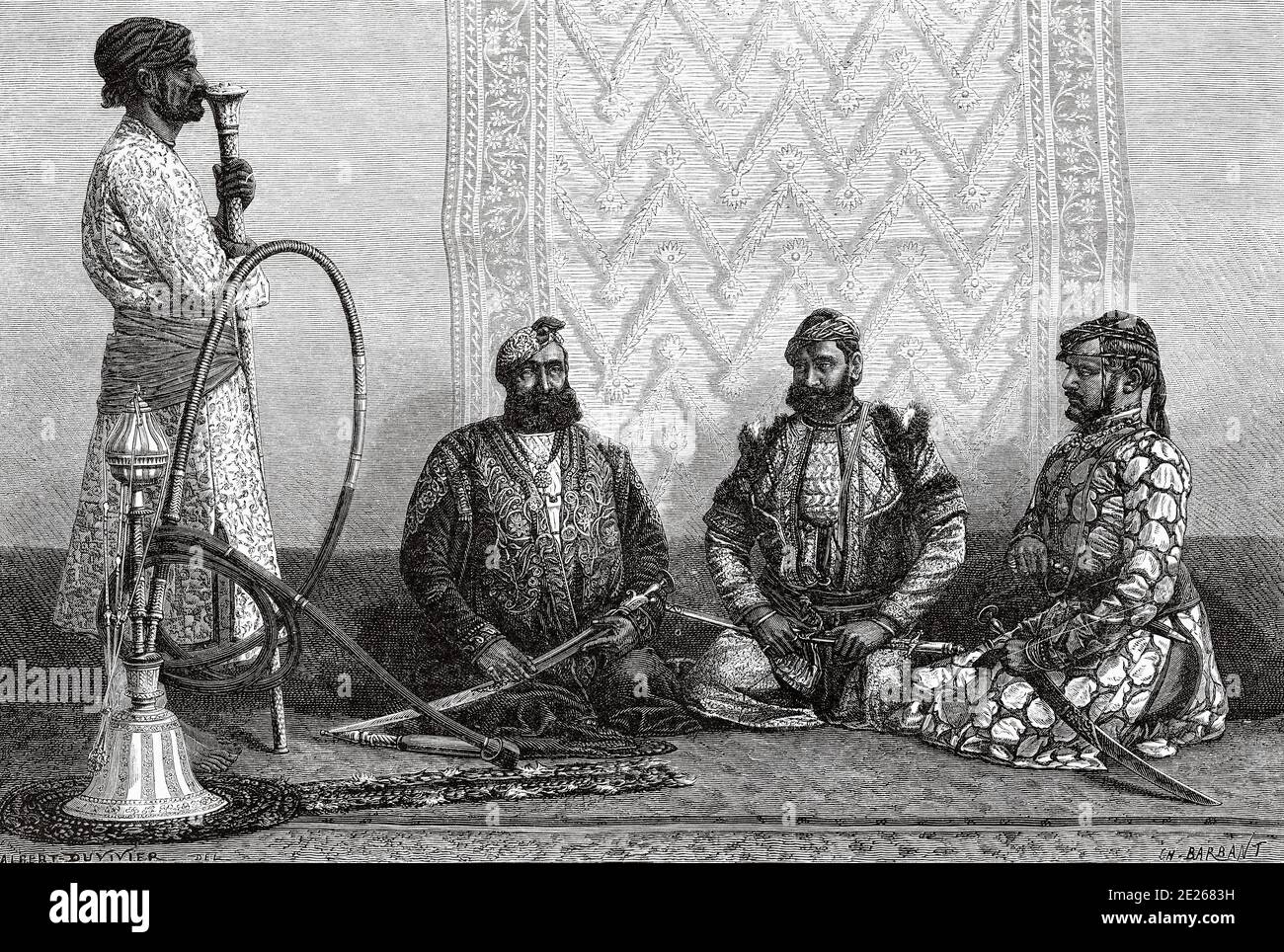 Portrait of Rajahs and Zamindar, or Zemindar from the northern provinces of Hindustan, India. Old engraving illustration from El Mundo en la Mano 1878 Stock Photo
