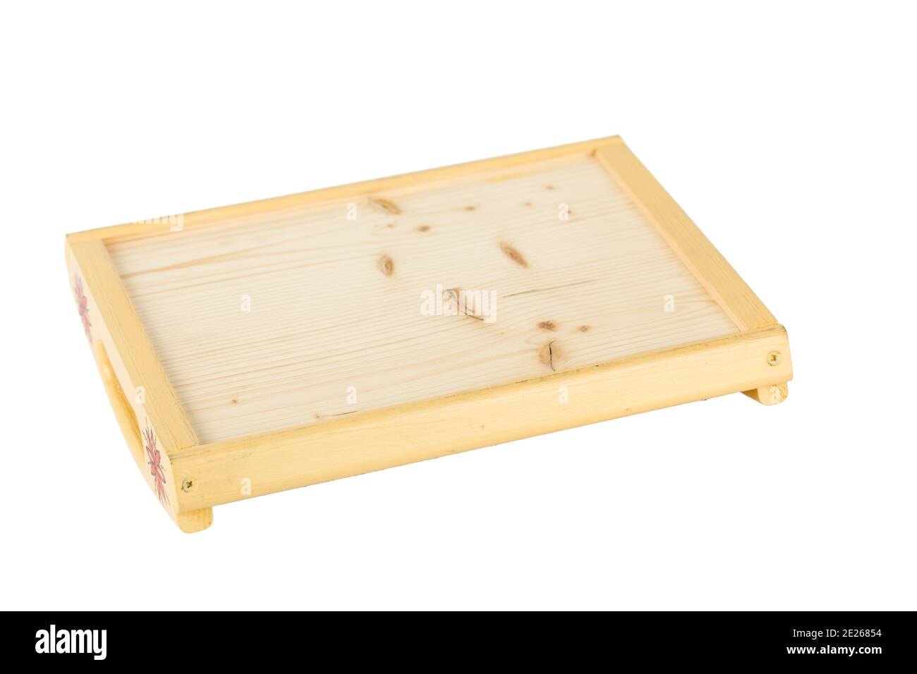 Wooden breakfast tray inverted upside down. It is isolated in a white  background. Close-up Stock Photo - Alamy