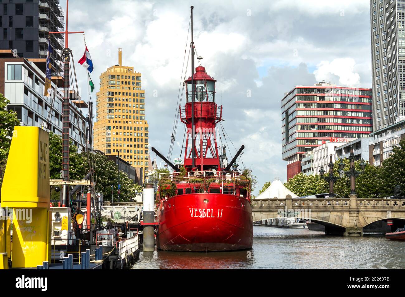 ROTTERDAM, NETHERLANDS : Exterior view of the Leuvehaven ship harbor in the city center of Rotterdam . It is located in the center of Rotterdam Stock Photo