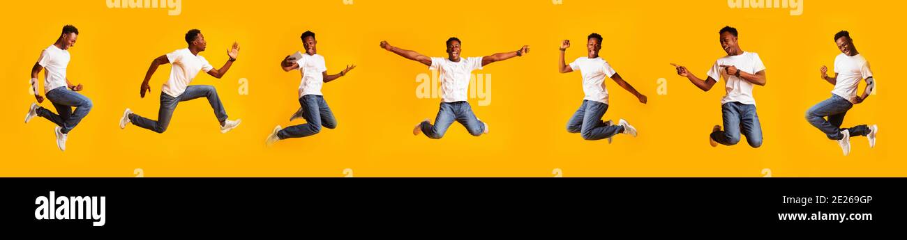 Funny African Guy Jumping Posing Having Fun, Yellow Background, Collage Stock Photo