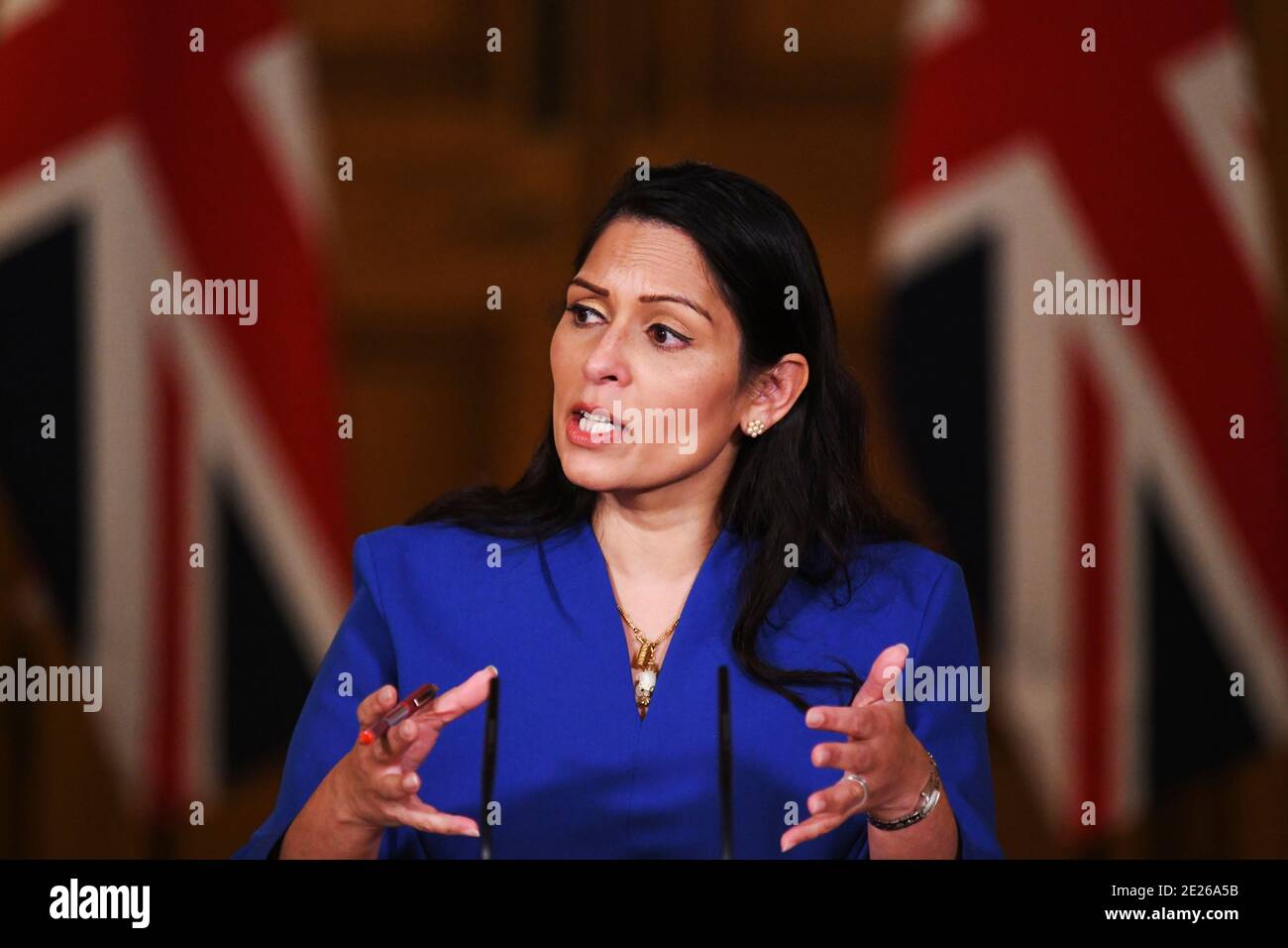 Britain's Home Secretary Priti Patel speaks at a coronavirus disease (COVID-19) related news conference at Downing Street, in London, Britain, January 12, 2021. Leon Neal/Pool via REUTERS Stock Photo