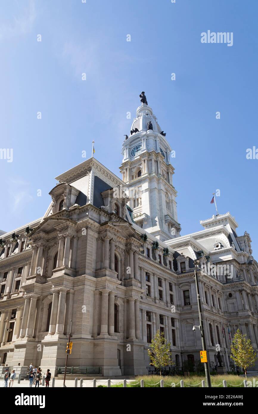 Tower of Philadelphia City Hall in Philadelphia, USA. The municipal building was completed in 1901 and features a tower bearing a statue of William Pe Stock Photo