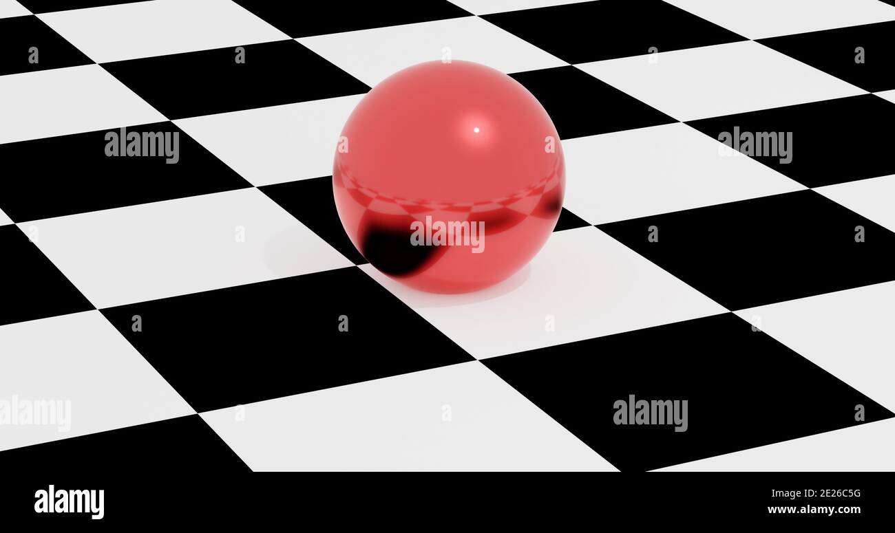 Red reflecting sphere lies on the chessboard. 3d illustration. 3d rendering. Stock Photo