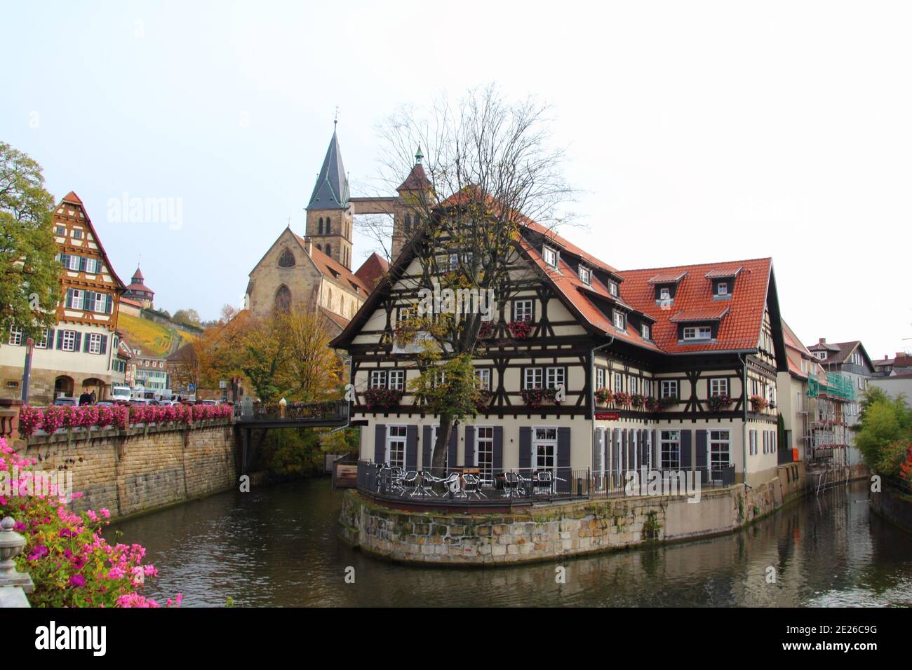 GERMANY, ESSLINGEN AM NECKAR, OCTOBER 24, 2017: Cityscape with 'Alte Zimmerei', 'Stadtkirche' and 'Big Tower' at the Rossneckarkanal in Esslingen Stock Photo