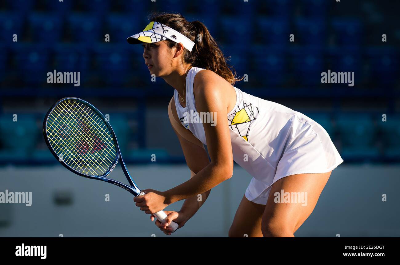 Abu Dhabi, United Arab Emirates. 12th Jan, 2021. Ena Shibahara of Japan in  action during her doubles semifinal match at the 2021 Abu Dhabi WTA  Women&#039;s Tennis Open WTA 500 tournament on