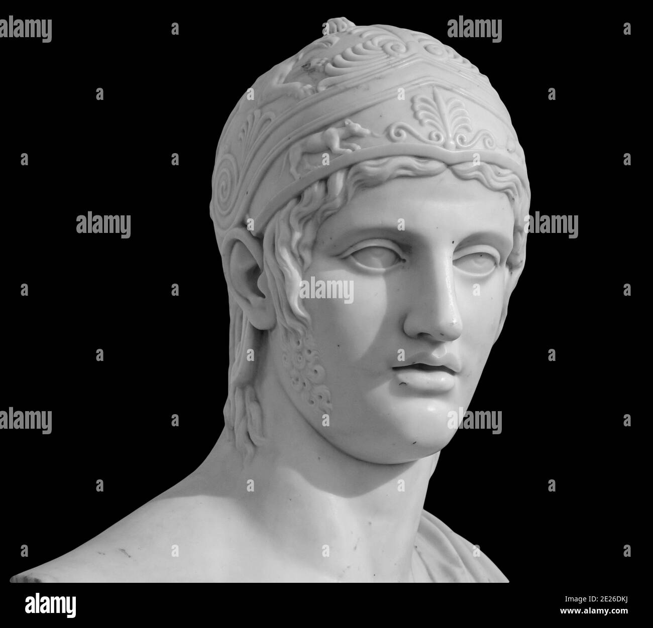 Ancient roman statue. Head and shoulders detail of the man sculpture